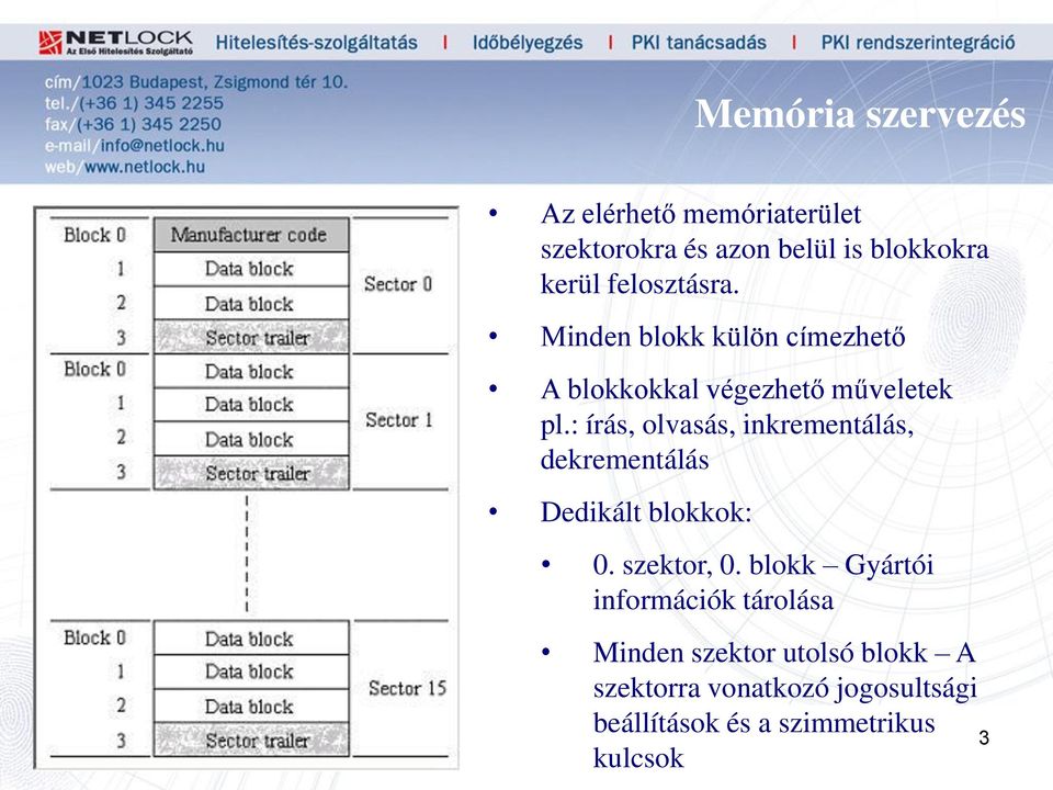 : írás, olvasás, inkrementálás, dekrementálás Dedikált blokkok: 0. szektor, 0.