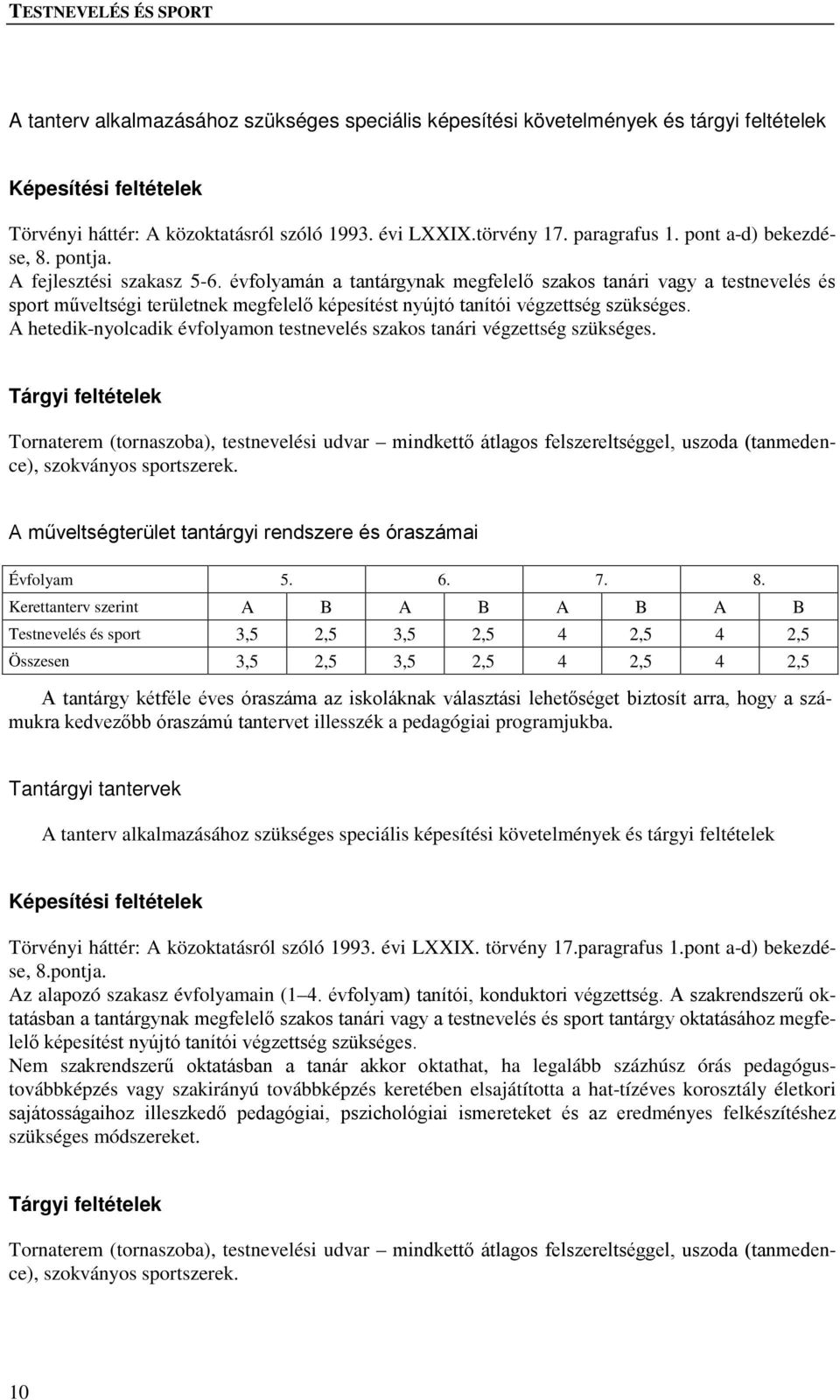 évfolyamán a tantárgynak megfelelő szakos tanári vagy a testnevelés és sport műveltségi területnek megfelelő képesítést nyújtó tanítói végzettség szükséges.