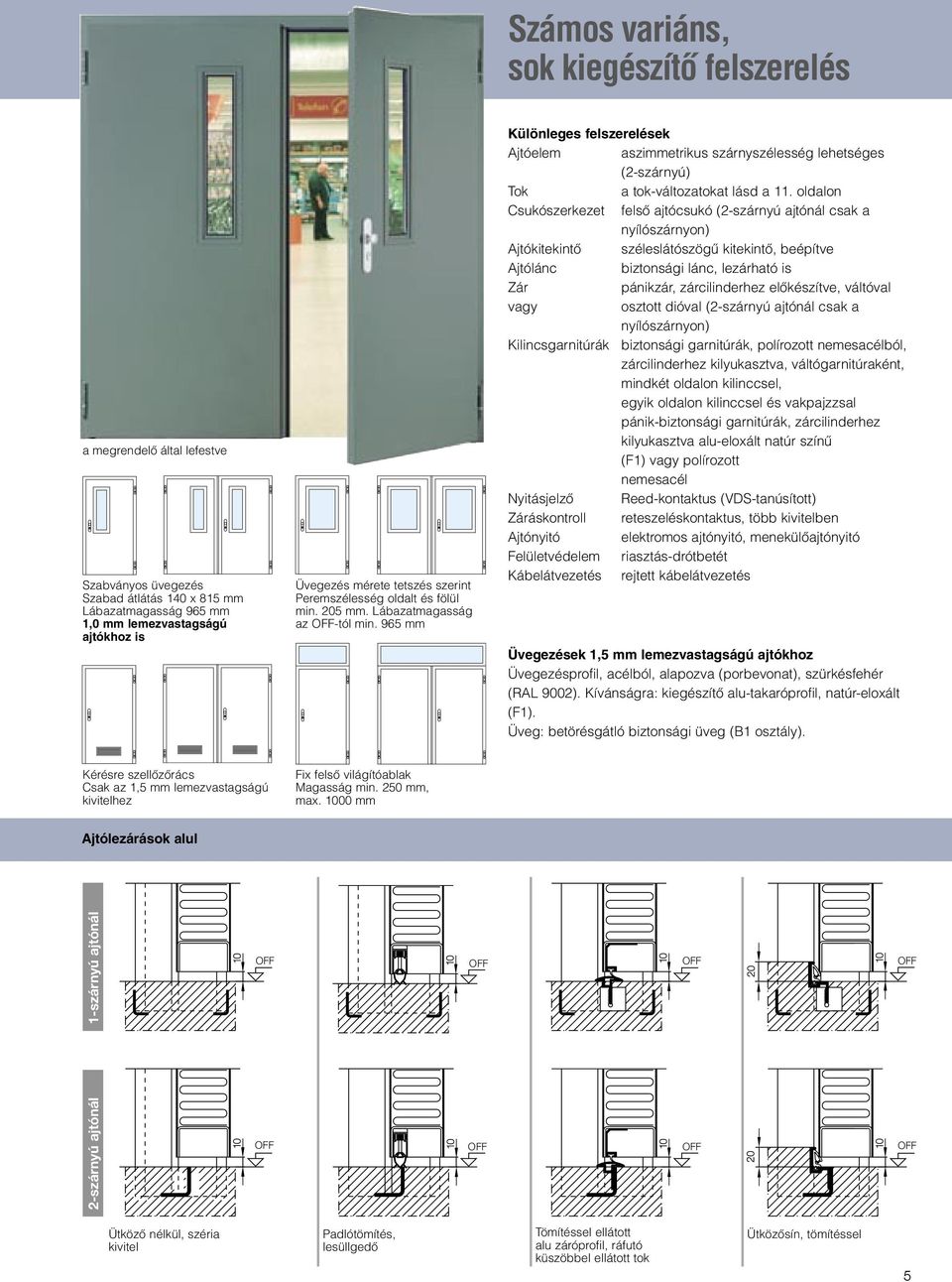 965 mm Különleges felszerelések Ajtóelem aszimmetrikus szárnyszélesség lehetséges (2-szárnyú) Tok a tok-változatokat lásd a 11.