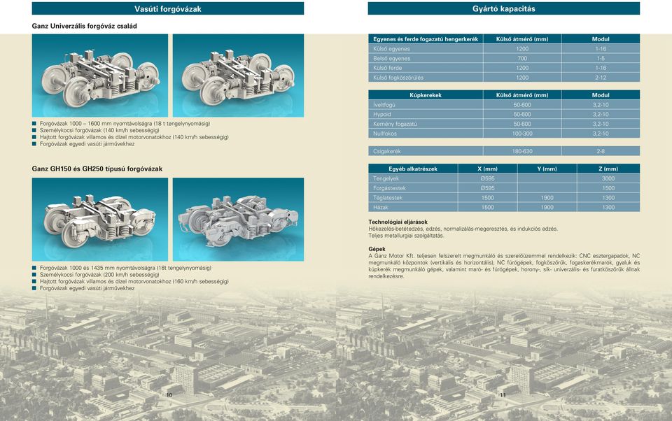 yomtávolságra (18 t tegelyyomásig) Személykocsi forgóvázak (140 km/h sebességig) Hajtott forgóvázak villamos és dízel motorvoatokhoz (140 km/h sebességig) Forgóvázak egyedi vasúti jármûvekhez Gaz