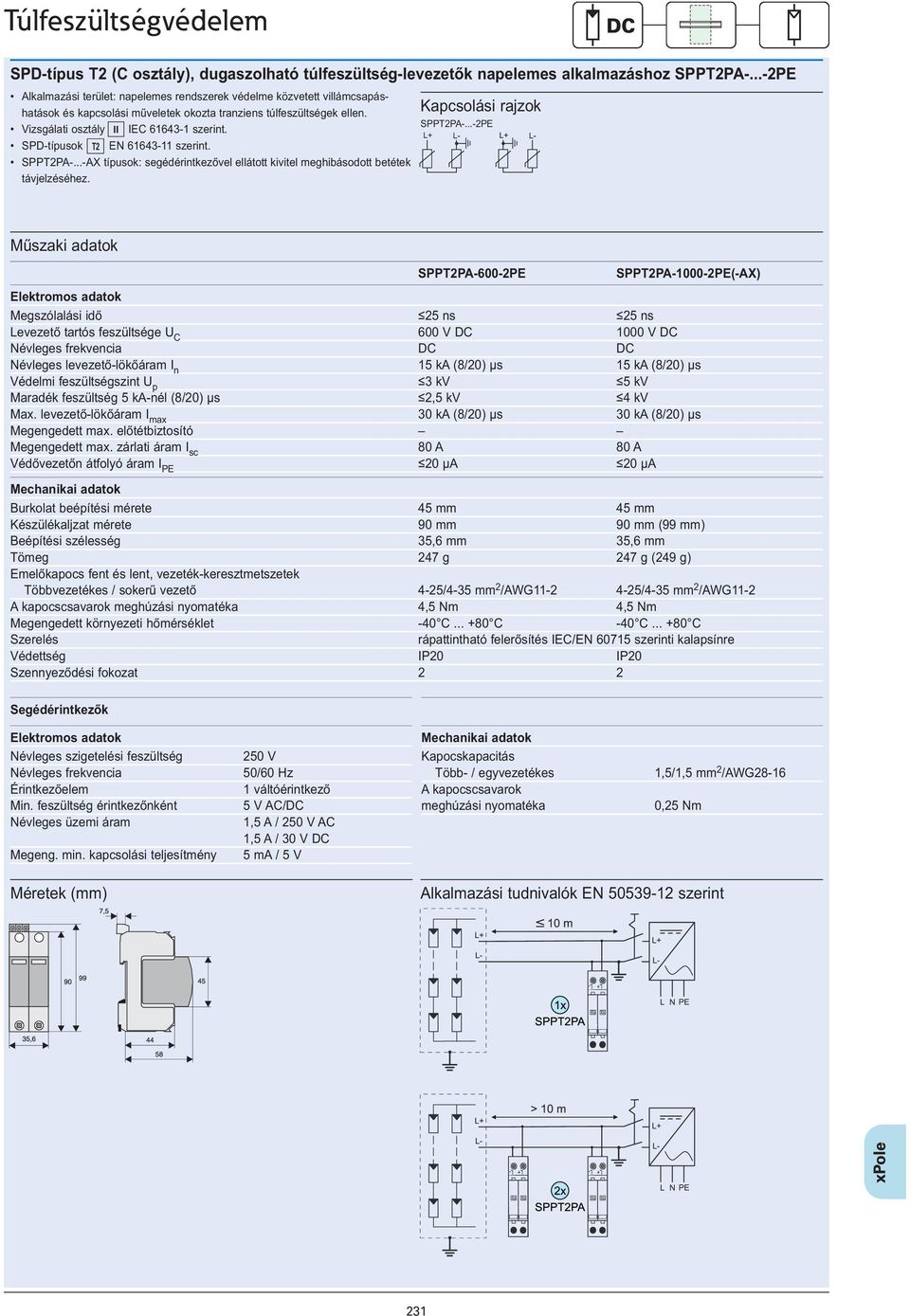 SPD-típusok T2 EN 61643-11 szerint. SPPT2PA-...-AX típusok: segédérintkezővel ellátott kivitel meghibásodott betétek távjelzéséhez. ok SPPT2PA-.