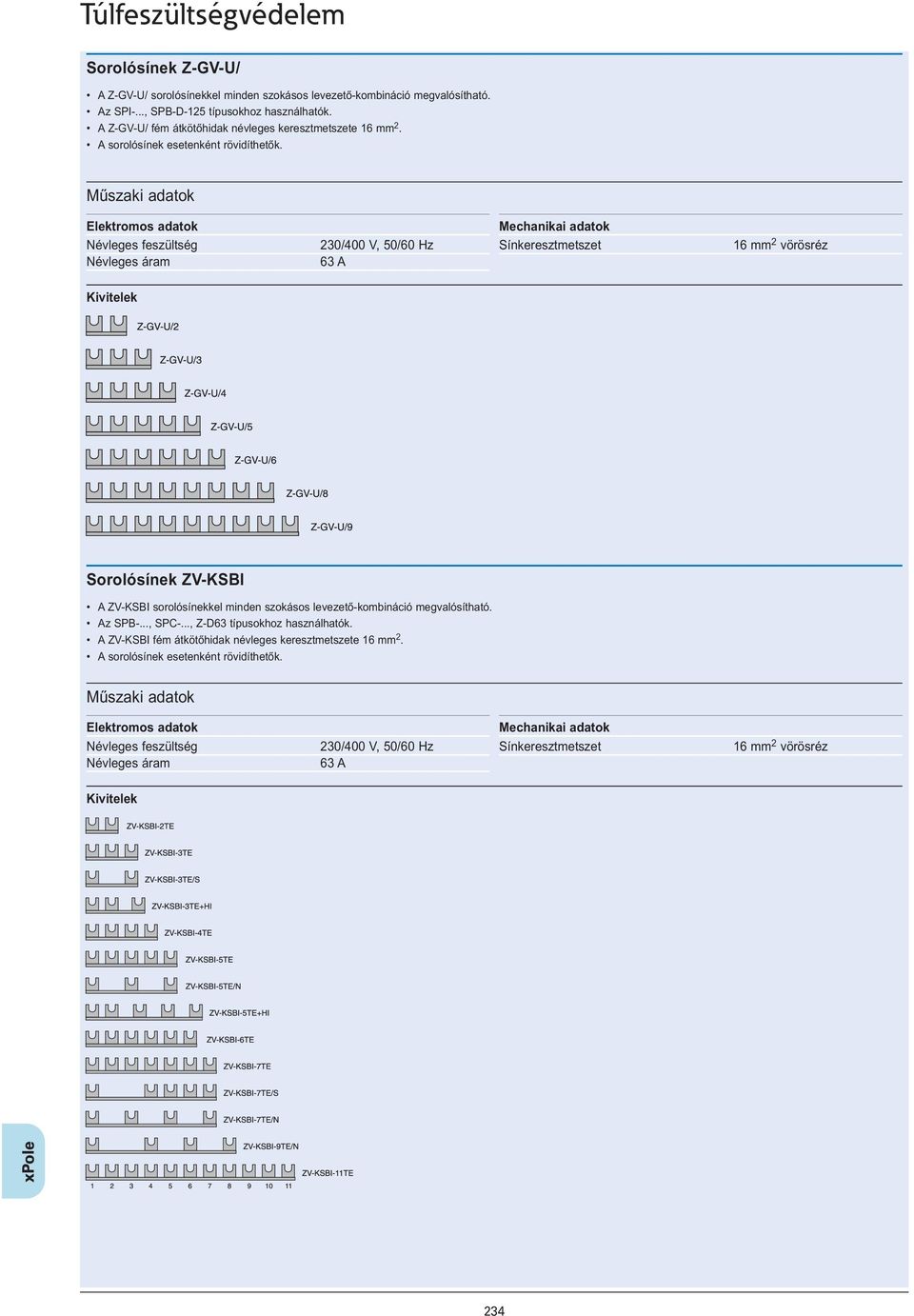 Névleges feszültség Névleges áram 230/400 V, 50/60 Hz 63 A Sínkeresztmetszet 16 mm 2 vörösréz Kivitelek Sorolósínek ZV-KSBI A ZV-KSBI sorolósínekkel minden szokásos