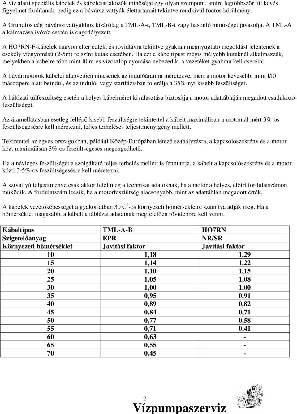 A HO7RN-F-kábelek nagyon elterjedtek, és rövidtávra tekintve gyakran megnyugtató megoldást jelentenek a csekély víznyomású (2-5m) felszíni kutak esetében.