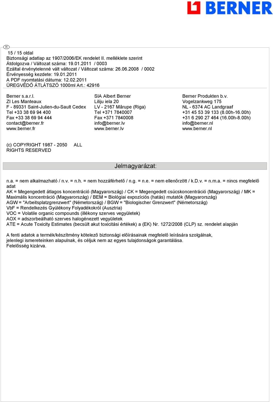 00h-16.00h) +31 6 290 27 464 (16.00h-8.00h) info@berner.nl www.berner.nl (c) COPYRIGHT 1987-2050 RIGHTS RESERVED ALL Jelmagyarázat: n.a. = nem alkalmazható / n.v. = n.h. = nem hozzáférhető / n.g. = n.e. = nem ellenőrzött / k.