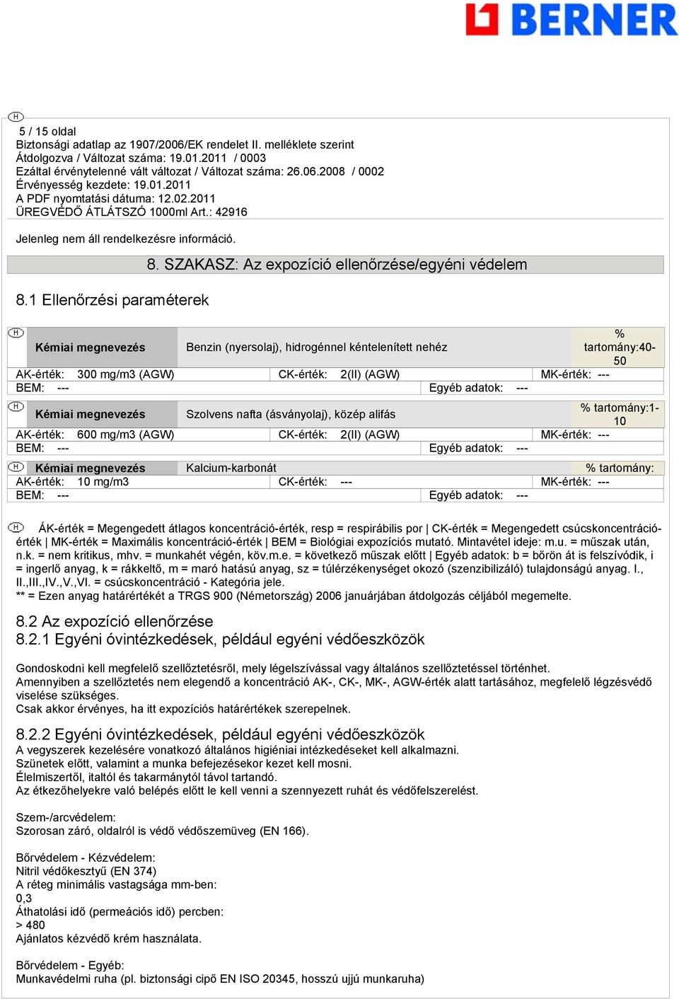 BEM: --- Egyéb adatok: --- Kémiai megnevezés Szolvens nafta (ásványolaj), közép alifás % tartomány:1-10 AK-érték: 600 mg/m3 (AGW) CK-érték: 2(II) (AGW) MK-érték: --- BEM: --- Egyéb adatok: --- Kémiai