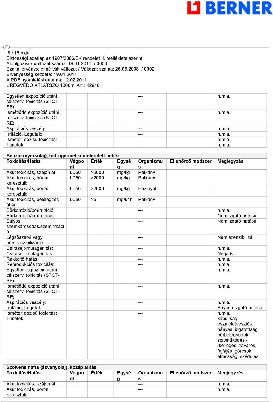 mg/kg Patkány keresztüli: Akut toxicitás, bőrön LD50 >2000 mg/kg Házinyúl keresztüli: Akut toxicitás, belélegzés LC50 >5 mg/l/4h Patkány útján: Bőrkorrózió/bőrirritáció: --- Bőrkorrózió/bőrirritáció: