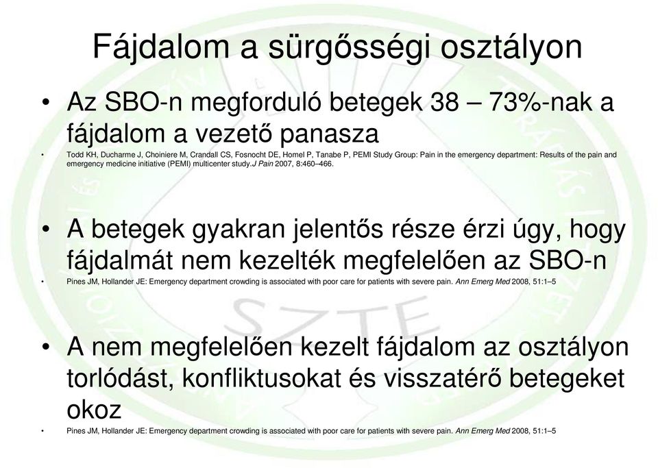 A betegek gyakran jelentős része érzi úgy, hogy fájdalmát nem kezelték megfelelően az SBO-n Pines JM, Hollander JE: Emergency department crowding is associated with poor care for patients with severe