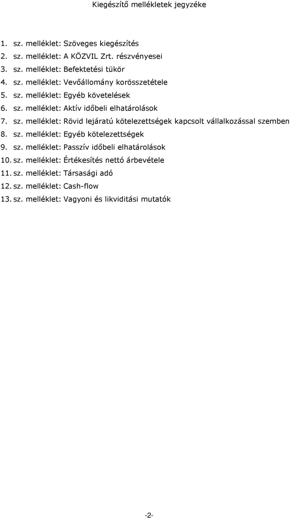 sz. melléklet: Egyéb kötelezettségek 9. sz. melléklet: Passzív időbeli elhatárolások 10. sz. melléklet: Értékesítés nettó árbevétele 11. sz. melléklet: Társasági adó 12.