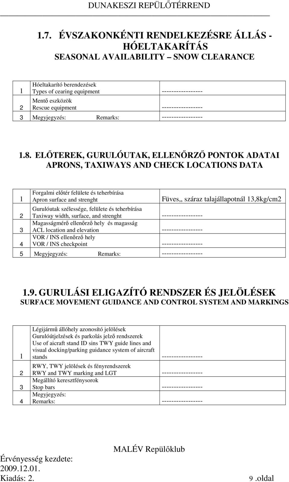 ELŐTEREK, GURULÓUTAK, ELLENŐRZŐ PONTOK ADATAI APRONS, TAXIWAYS AND CHECK LOCATIONS DATA Forgalmi előtér felülete és teherbírása Apron surface and strenght 2 Gurulóutak szélessége, felülete és