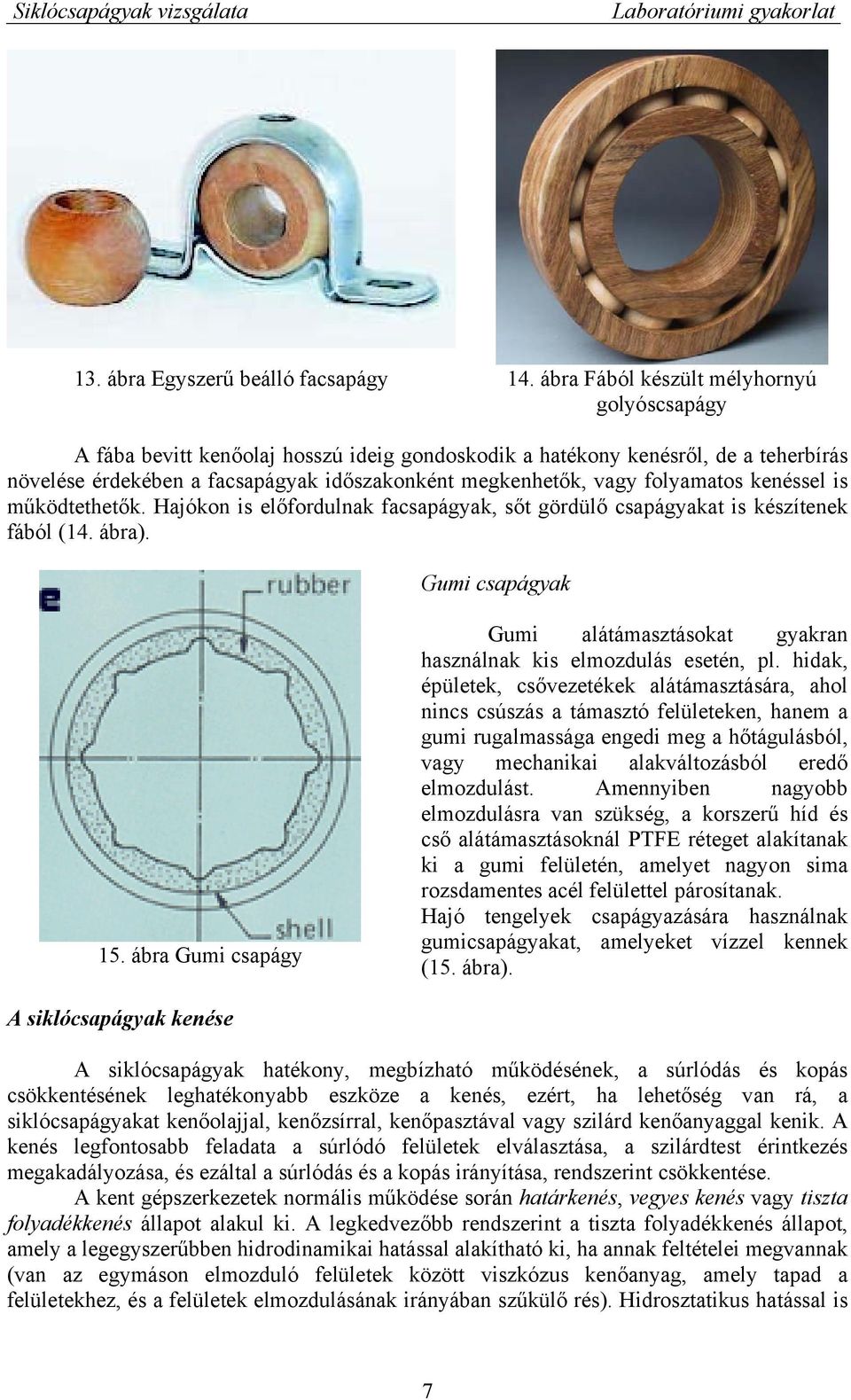 folyamatos kenéssel is működtethetők. Hajókon is előfordulnak facsapágyak, sőt gördülő csapágyakat is készítenek fából (14. ábra). Gumi csapágyak 15.