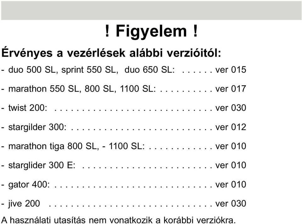 ......................... ver 012 - marathon tiga 800 SL, - 1100 SL:............ ver 010 - starglider 300 E:........................ ver 010 - gator 400:.