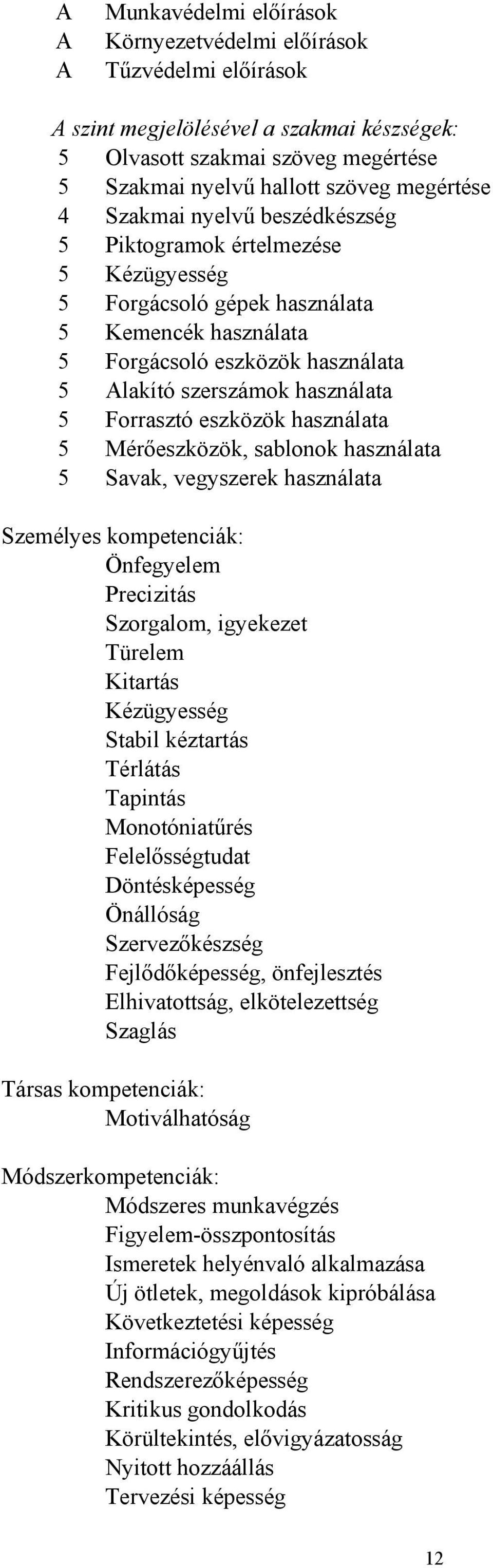 eszközök használata 5 Mérőeszközök, sablonok használata 5 Savak, vegyszerek használata Személyes kompetenciák: Önfegyelem Precizitás Szorgalom, igyekezet Türelem Kitartás Kézügyesség Stabil kéztartás