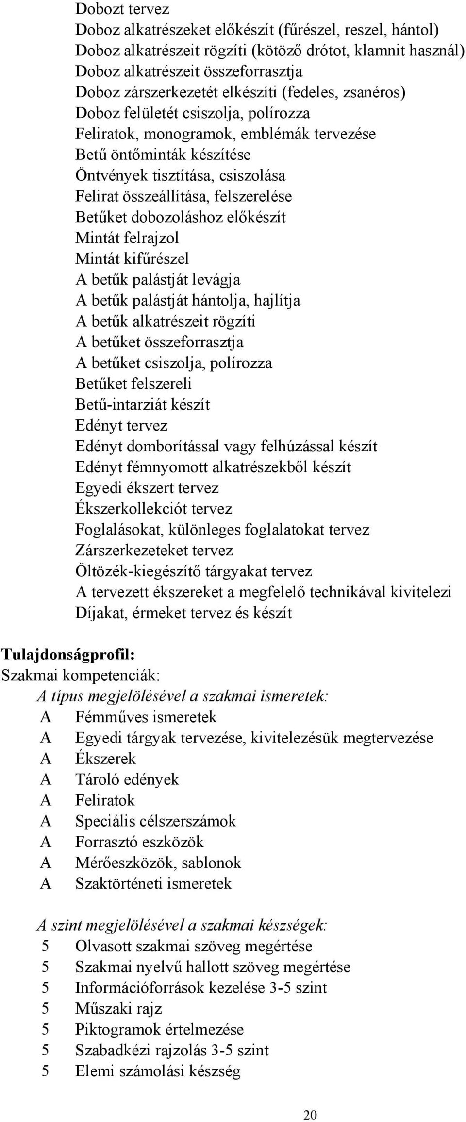 Betűket dobozoláshoz előkészít Mintát felrajzol Mintát kifűrészel A betűk palástját levágja A betűk palástját hántolja, hajlítja A betűk alkatrészeit rögzíti A betűket összeforrasztja A betűket