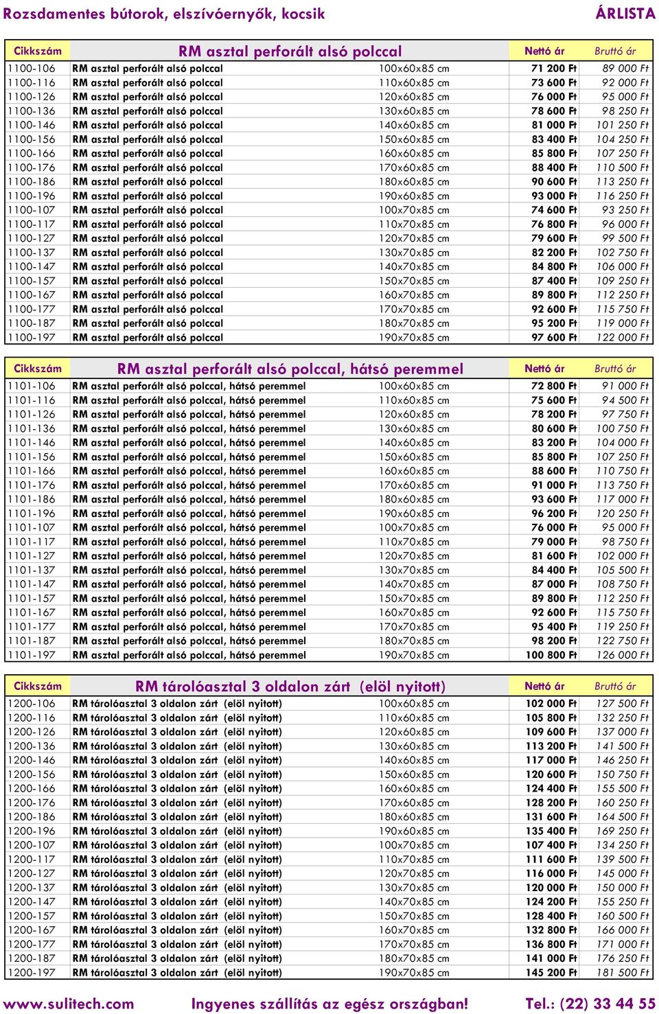 polccal 140x60x85 cm 81 000 Ft 101 250 Ft 1100-156 RM asztal perforált alsó polccal 150x60x85 cm 83 400 Ft 104 250 Ft 1100-166 RM asztal perforált alsó polccal 160x60x85 cm 85 800 Ft 107 250 Ft