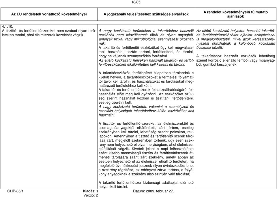 A takarító és fertőtlenítő eszközöket úgy kell megválasztani, használni, tisztán tartani, fertőtleníteni, és tárolni, hogy ne váljanak szennyeződés forrásává.