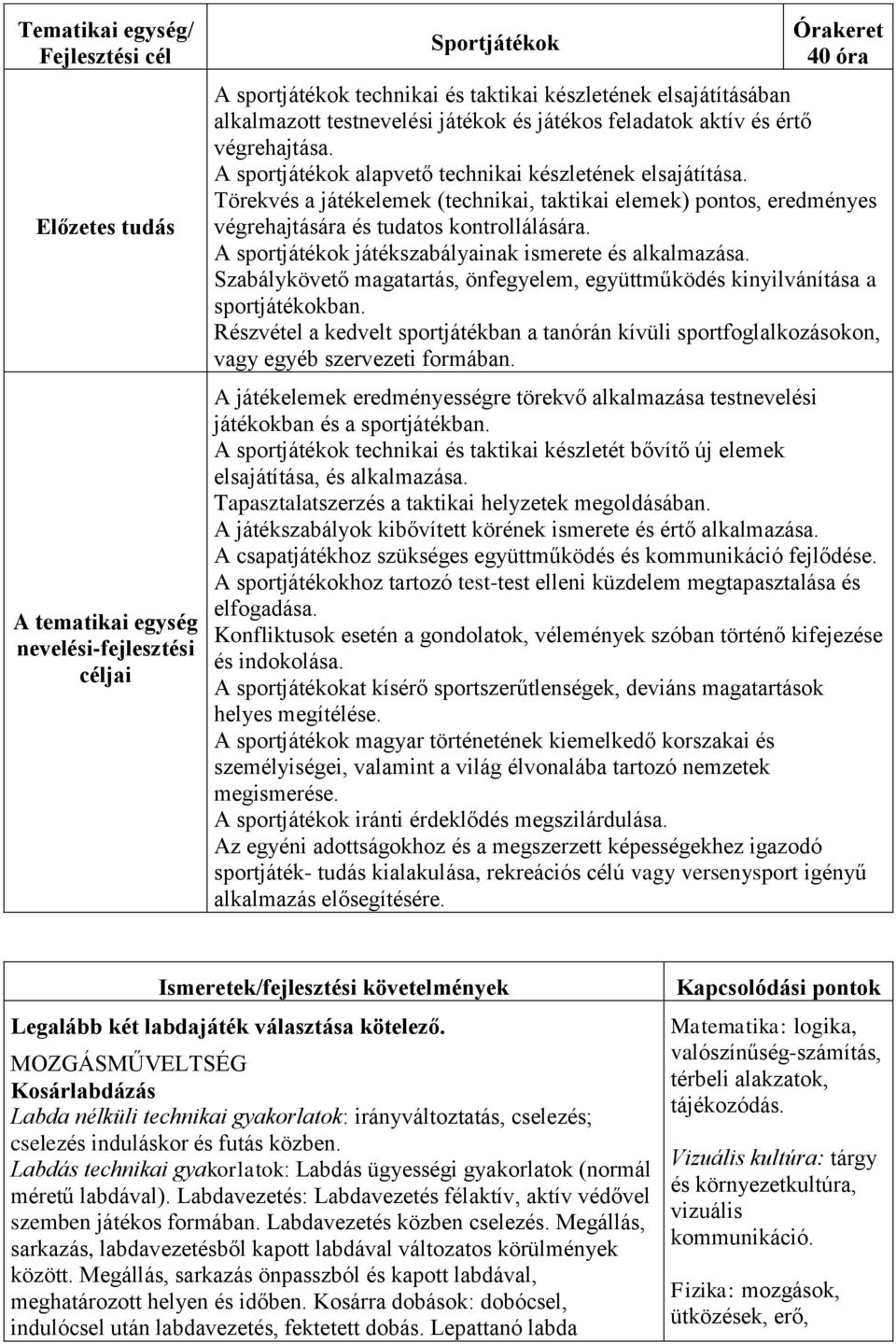 Törekvés a játékelemek (technikai, taktikai elemek) pontos, eredményes végrehajtására és tudatos kontrollálására. A sportjátékok játékszabályainak ismerete és alkalmazása.