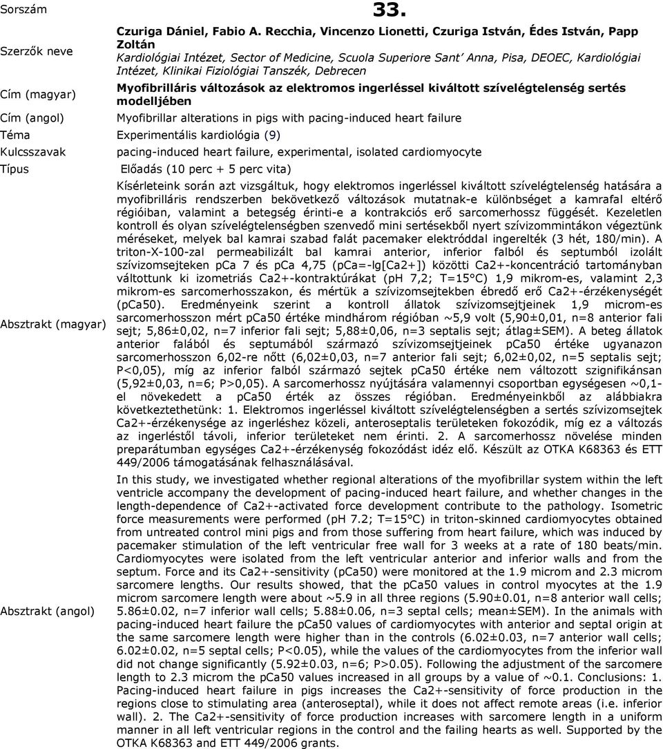 Tanszék, Debrecen Myofibrilláris változások az elektromos ingerléssel kiváltott szívelégtelenség sertés modelljében Myofibrillar alterations in pigs with pacing-induced heart failure pacing-induced