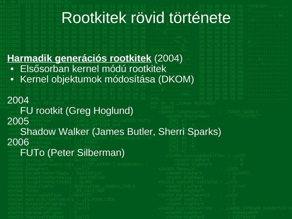 módosítása (DKOM) 2004 FU rootkit (Greg Hoglund) 2005