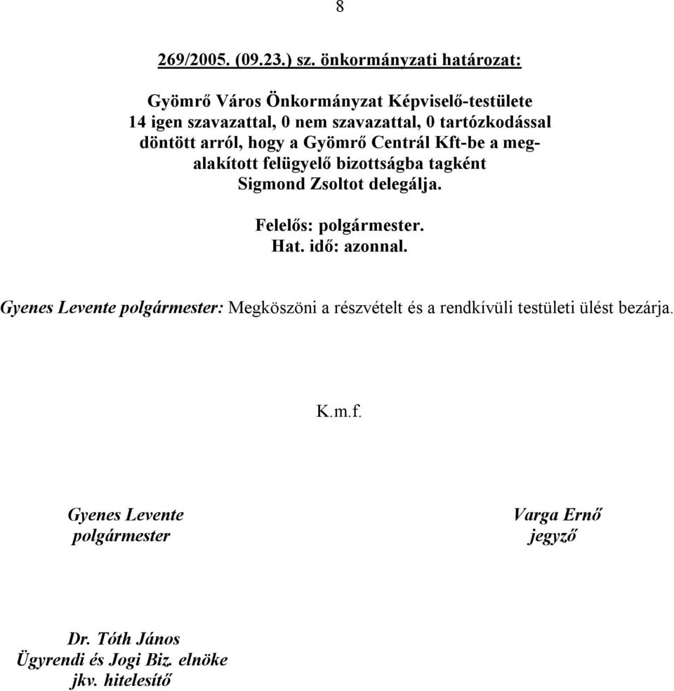 Gyömrő Centrál Kft-be a megalakított felügyelő bizottságba tagként Sigmond Zsoltot delegálja.