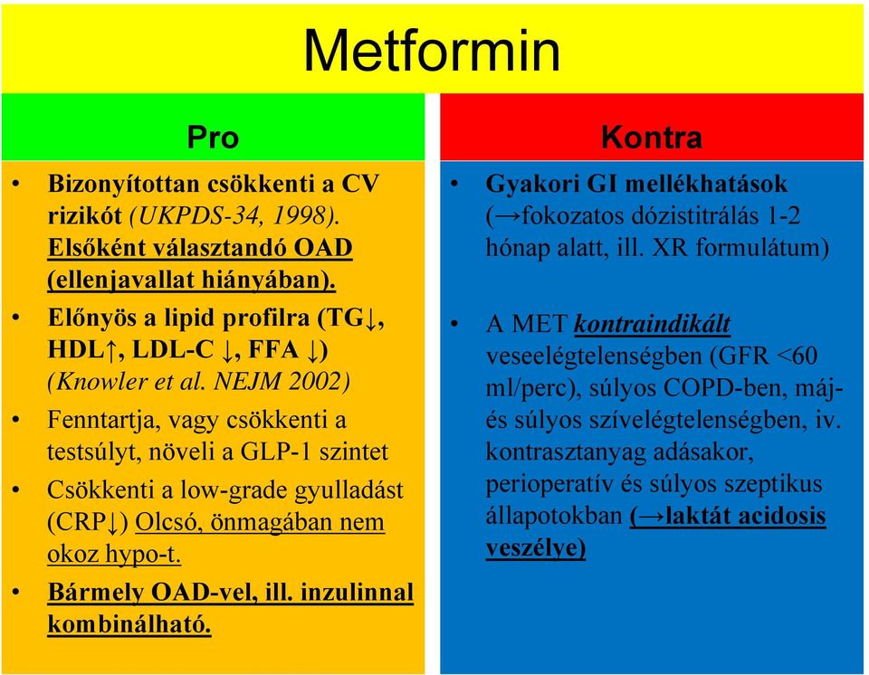 NEJM 2002) Fenntartja, vagy csökkenti a testsúlyt, növeli a GLP-1 szintet Csökkenti a low-grade gyulladást (CRP ) Olcsó, önmagában nem okoz hypo-t. Bármely OAD-vel, ill.