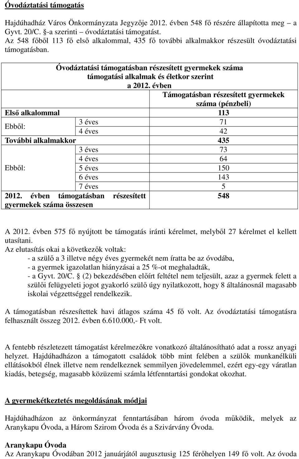 Óvodáztatási támogatásban részesített gyermekek száma támogatási alkalmak és életkor szerint a 2012.