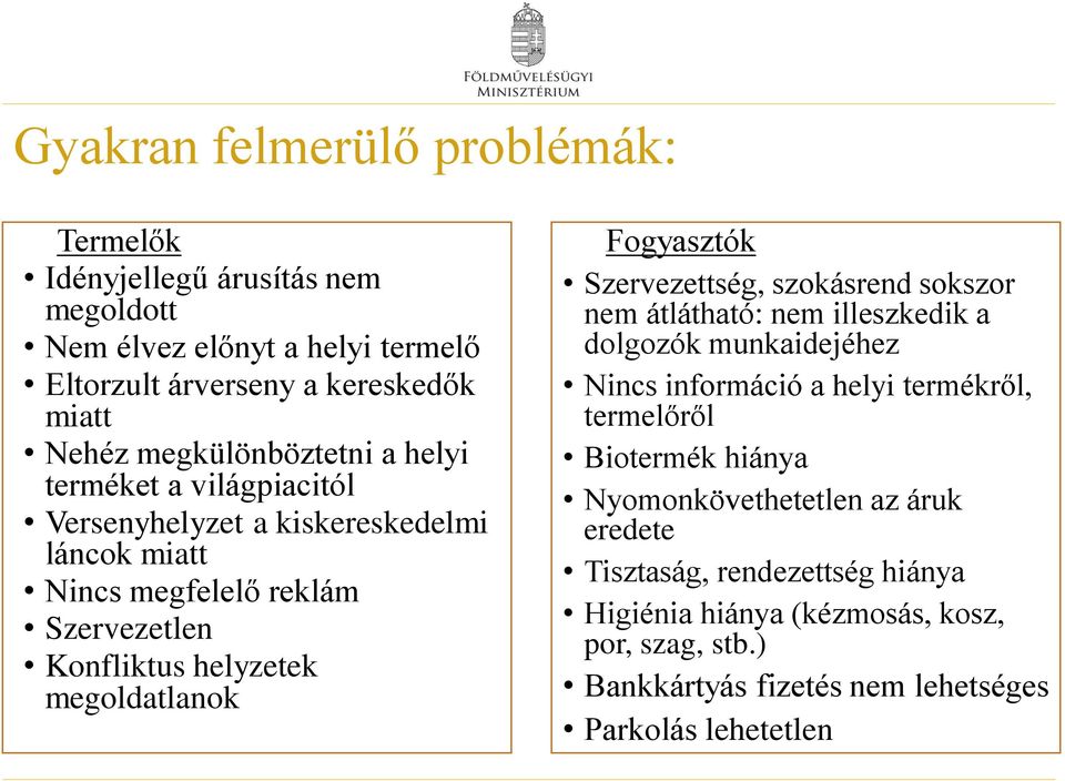 megoldatlanok Fogyasztók Szervezettség, szokásrend sokszor nem átlátható: nem illeszkedik a dolgozók munkaidejéhez Nincs információ a helyi termékről, termelőről