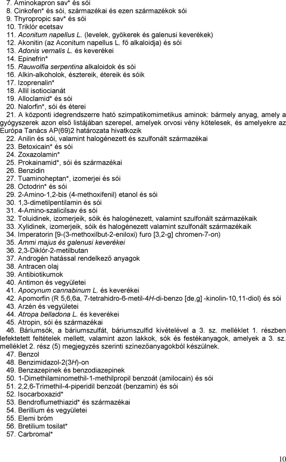 Alkin-alkoholok, észtereik, étereik és sóik 17. Izoprenalin* 18. Allil isotiocianát 19. Alloclamid* és sói 20. Nalorfin*, sói és éterei 21.