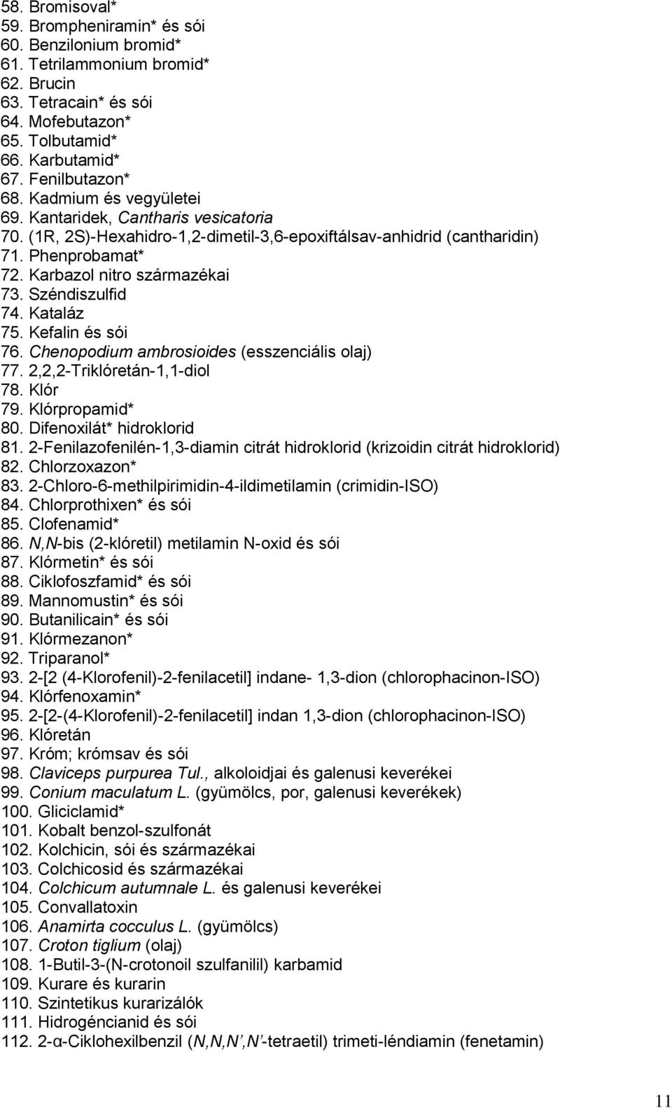 Széndiszulfid 74. Kataláz 75. Kefalin és sói 76. Chenopodium ambrosioides (esszenciális olaj) 77. 2,2,2-Triklóretán-1,1-diol 78. Klór 79. Klórpropamid* 80. Difenoxilát* hidroklorid 81.