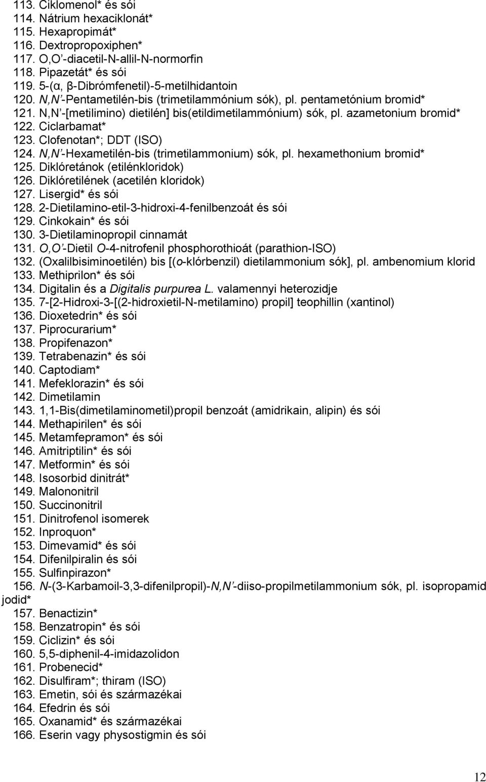 azametonium bromid* 122. Ciclarbamat* 123. Clofenotan*; DDT (ISO) 124. N,N -Hexametilén-bis (trimetilammonium) sók, pl. hexamethonium bromid* 125. Diklóretánok (etilénkloridok) 126.