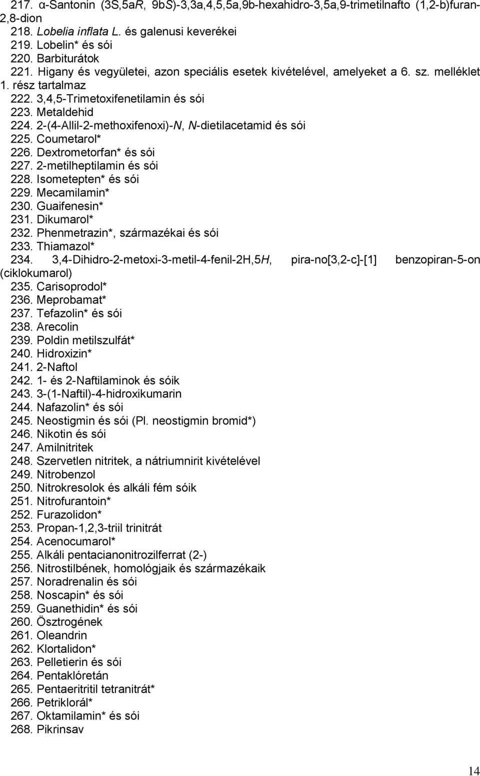 2-(4-Allil-2-methoxifenoxi)-N, N-dietilacetamid és sói 225. Coumetarol* 226. Dextrometorfan* és sói 227. 2-metilheptilamin és sói 228. Isometepten* és sói 229. Mecamilamin* 230. Guaifenesin* 231.