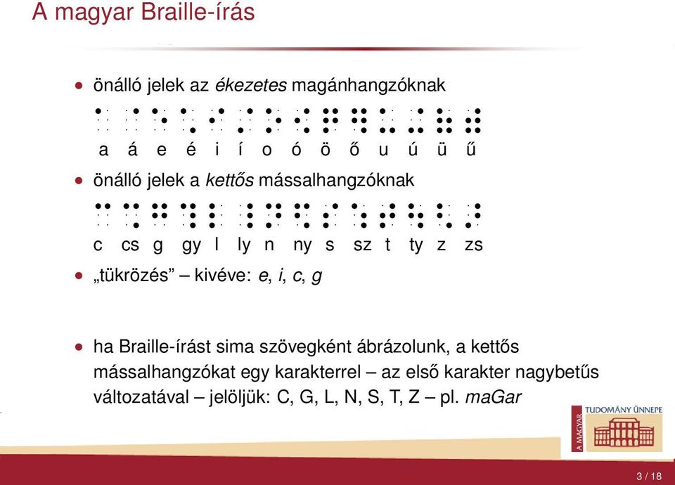 e, i, c, g ha Braille-írást sima szövegként ábrázolunk, a kettős mássalhangzókat egy