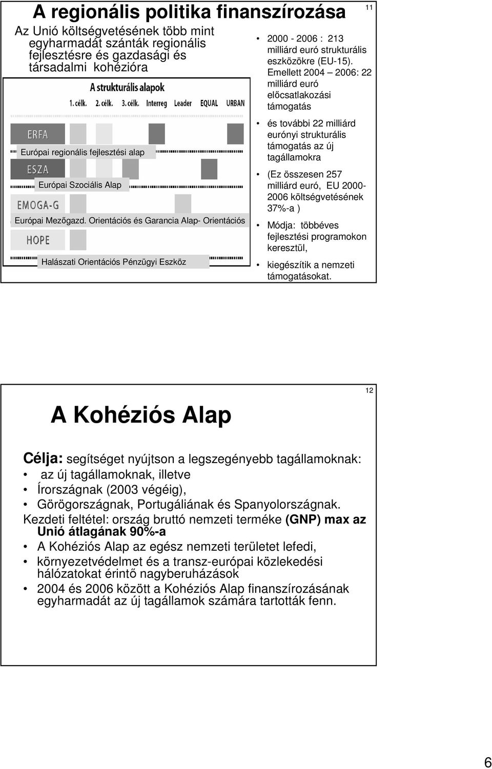 Emellett 2004 2006: 22 milliárd euró elıcsatlakozási támogatás és további 22 milliárd eurónyi strukturális támogatás az új tagállamokra (Ez összesen 257 milliárd euró, EU 2000-2006 költségvetésének