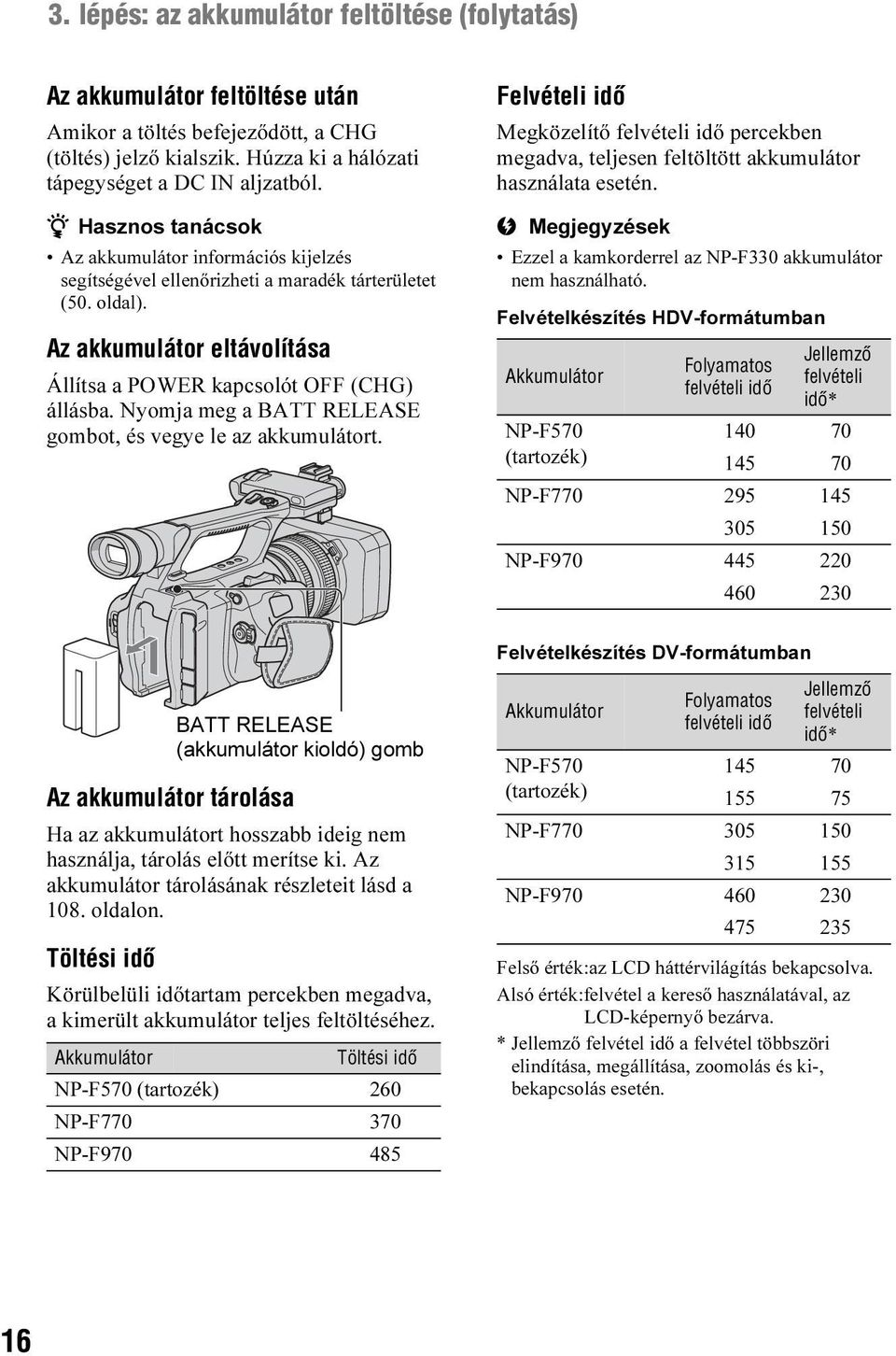 Nyomja meg a BATT RELEASE gombot, és vegye le az akkumulátort. Felvételi idõ Megközelítő felvételi idő percekben megadva, teljesen feltöltött akkumulátor használata esetén.