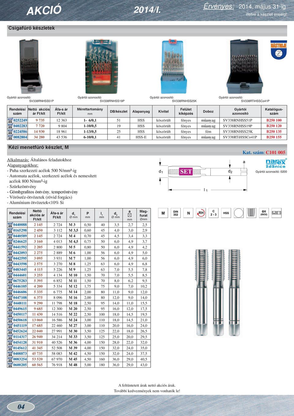 0224586 14 930 18 961 1-13/0,5 25 HSS köszörült fényes fém SV338RNHSS25K B250 135 0082804 34 280 43 536 6-10/0,1 41 HSS-E köszörült fényes műanyag SV338RTiHSSCo41P B250 155 Kézi menetfúró készlet, M