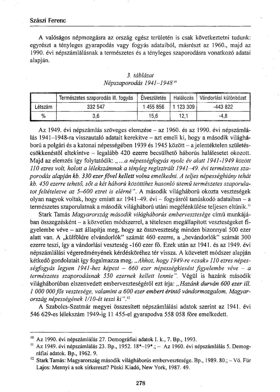 fogyás Élveszületés Halálozás Vándorlási különbözei j Létszám 332 547 1 455 856 1 123 309-443 822 % 3,6 15,6 12,1-4,8 1 Az 1949. évi népszámlás szöveges elemzése - az 1960. és az 1990.