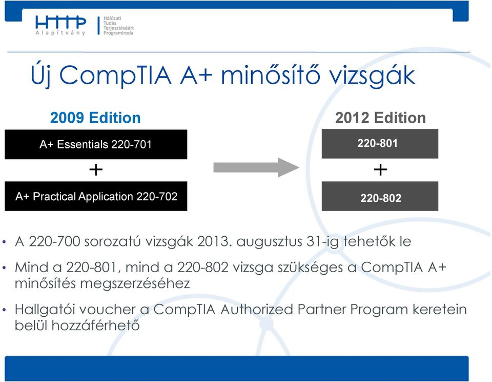 augusztus 31-ig tehetők le Mind a 220-801, mind a 220-802 vizsga szükséges a CompTIA A+