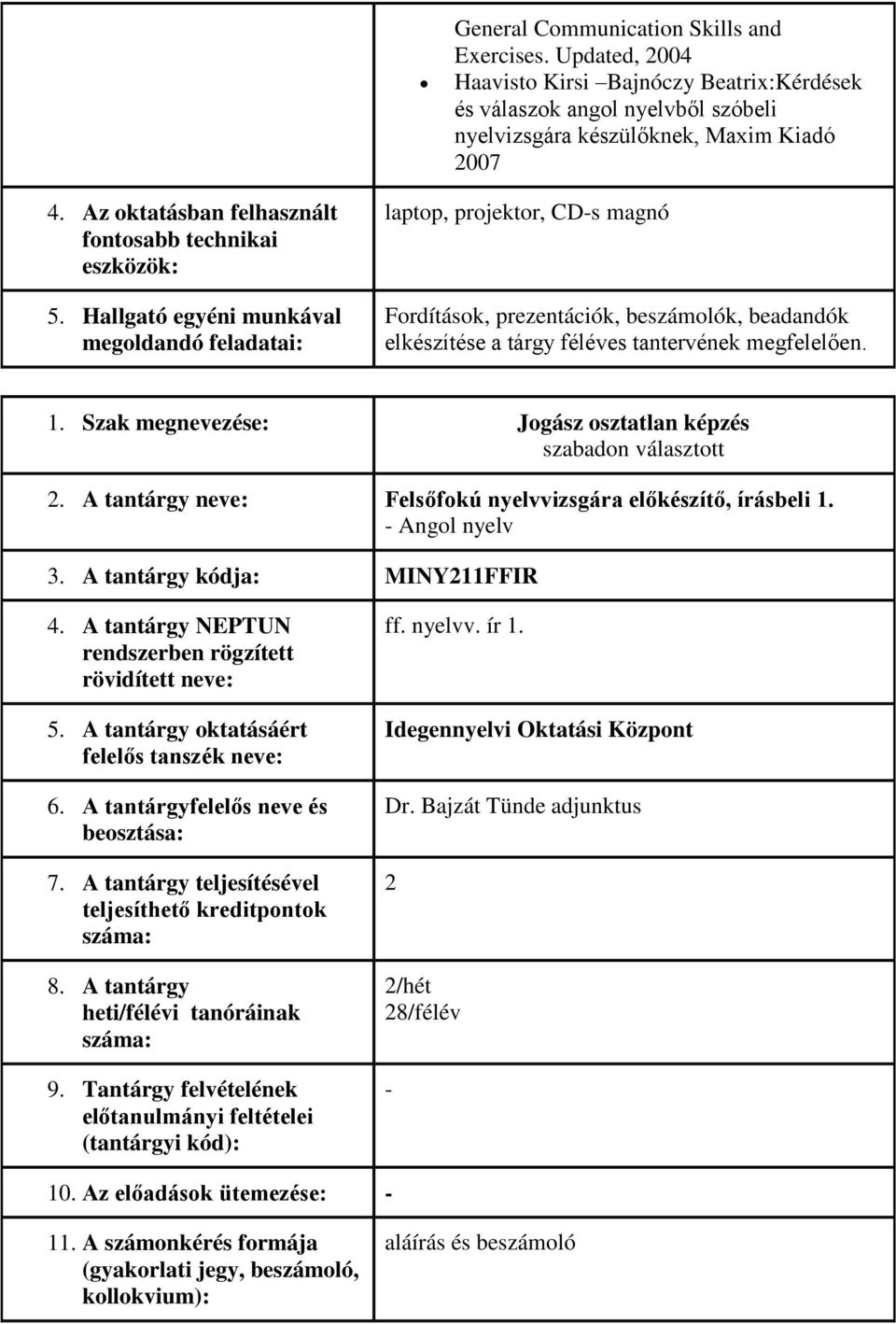 Hallgató egyéni munkával megoldandó feladatai: laptop, projektor, CDs magnó Fordítások, prezentációk, beszámolók, beadandók elkészítése a tárgy féléves tantervének megfelelően. 1.