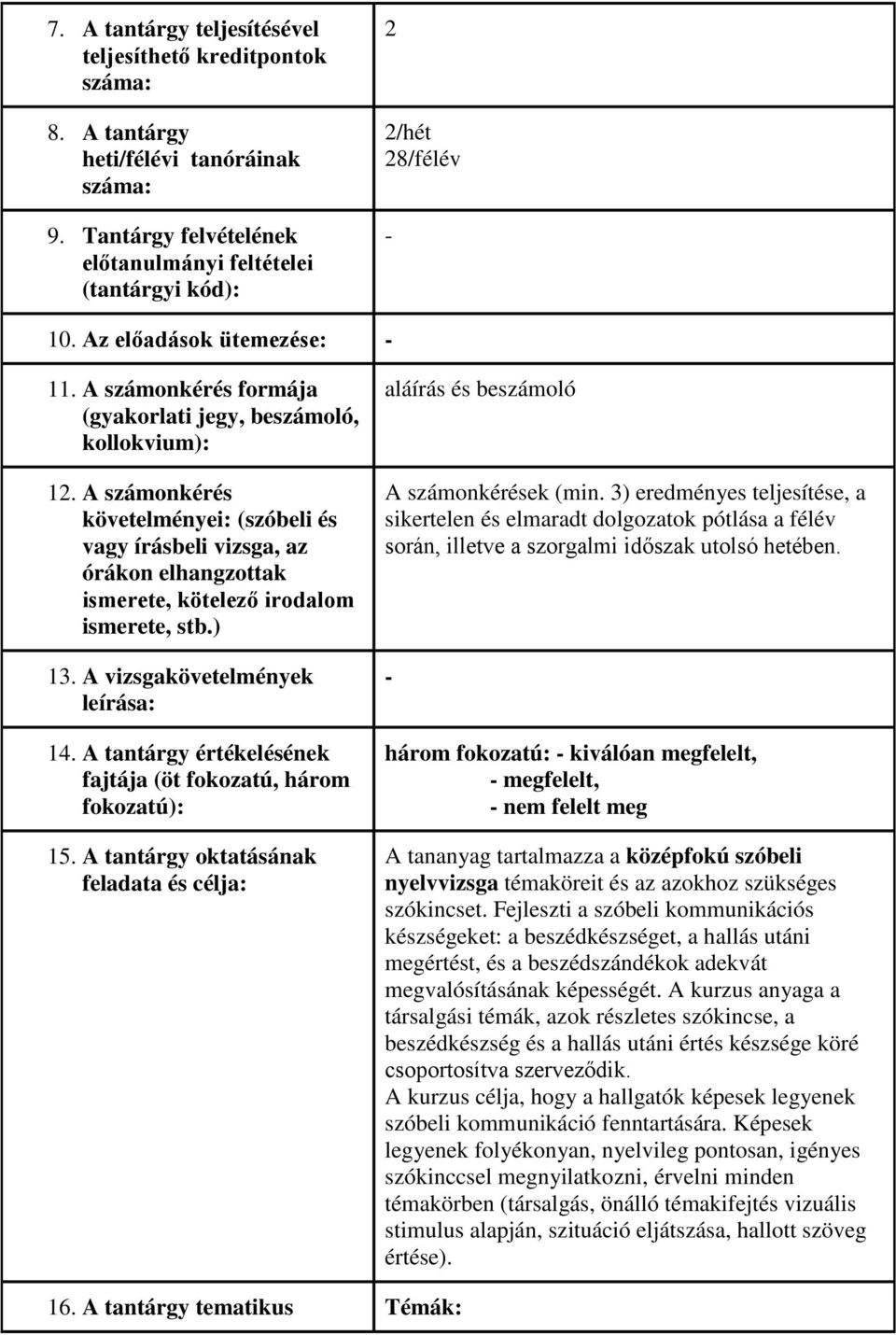 A számonkérés követelményei: (szóbeli és vagy írásbeli vizsga, az órákon elhangzottak ismerete, kötelező irodalom ismerete, stb.) 13. A vizsgakövetelmények leírása: 14.