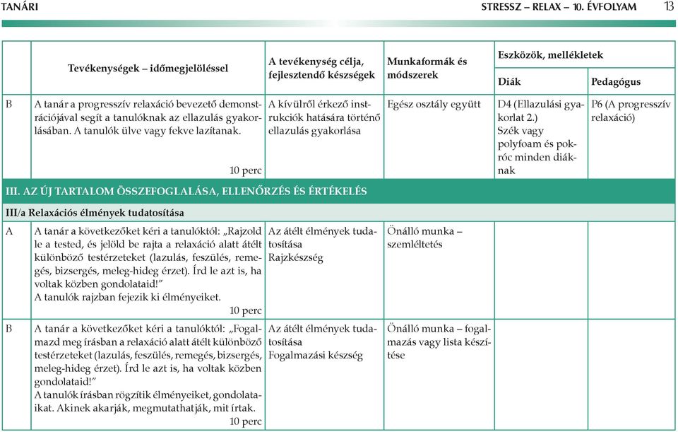 ) Szék vagy polyfoam és pokrá róc minden diákná nak P6 ( progresszív relaxáció) III.