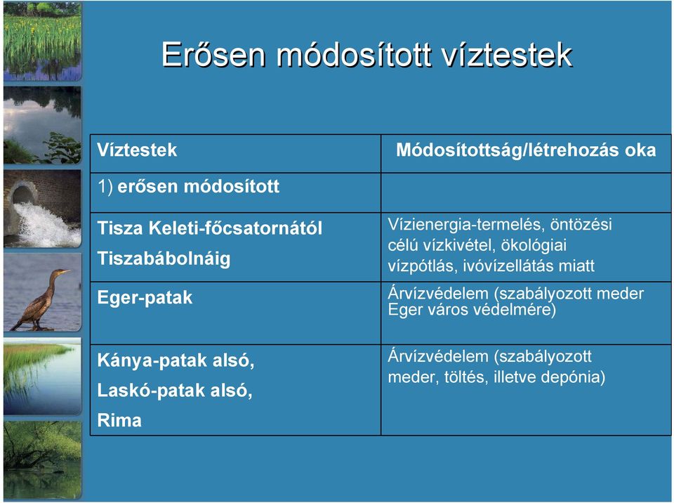 Vízienergia-termelés, öntözési célú vízkivétel, ökológiai vízpótlás, ivóvízellátás miatt