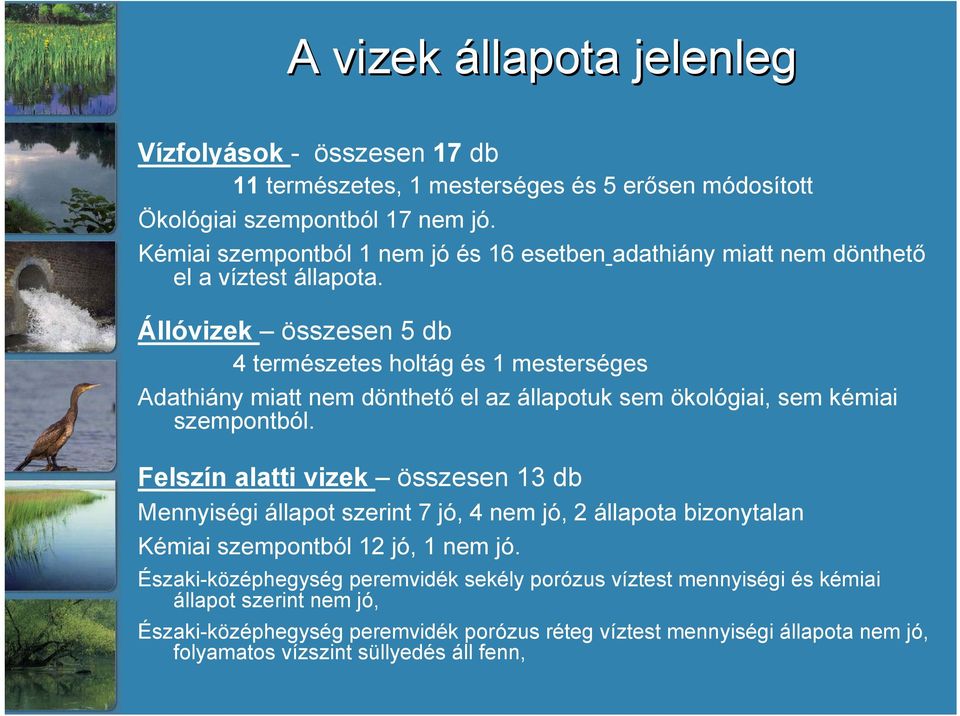 Állóvizek összesen 5 db 4 természetes holtág és 1 mesterséges Adathiány miatt nem dönthető el az állapotuk sem ökológiai, sem kémiai szempontból.