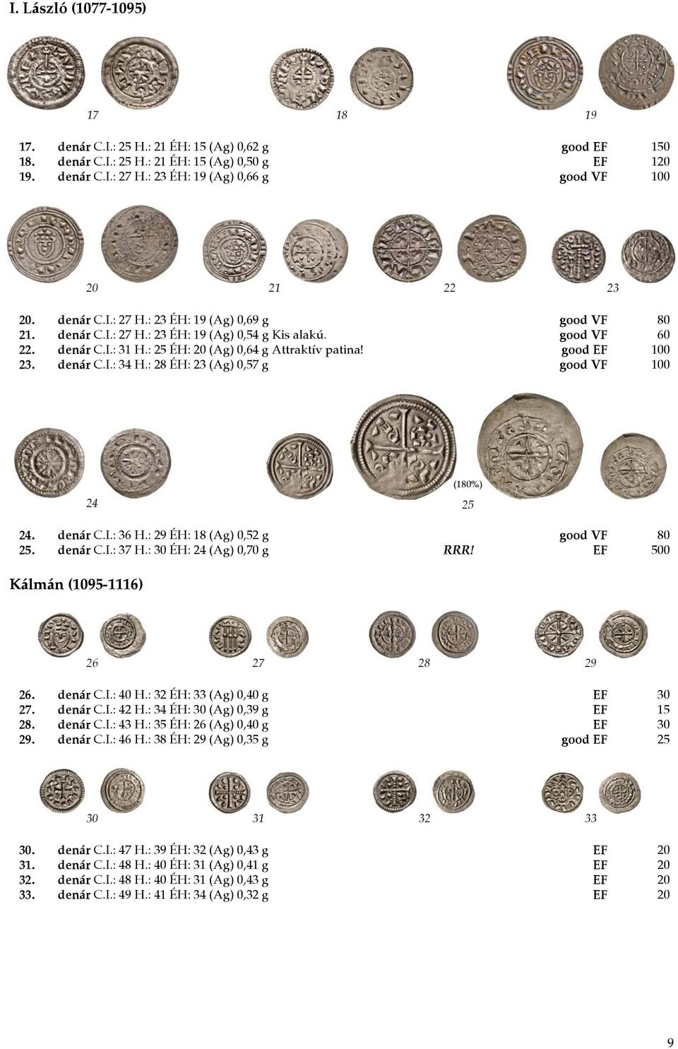 : 25 ÉH: 20 (Ag) 0,64 g Attraktív patina! good EF 100 23. denár C.I.: 34 H.: 28 ÉH: 23 (Ag) 0,57 g good VF 100 24 (180%) 25 24. denár C.I.: 36 H.: 29 ÉH: 18 (Ag) 0,52 g good VF 80 25. denár C.I.: 37 H.