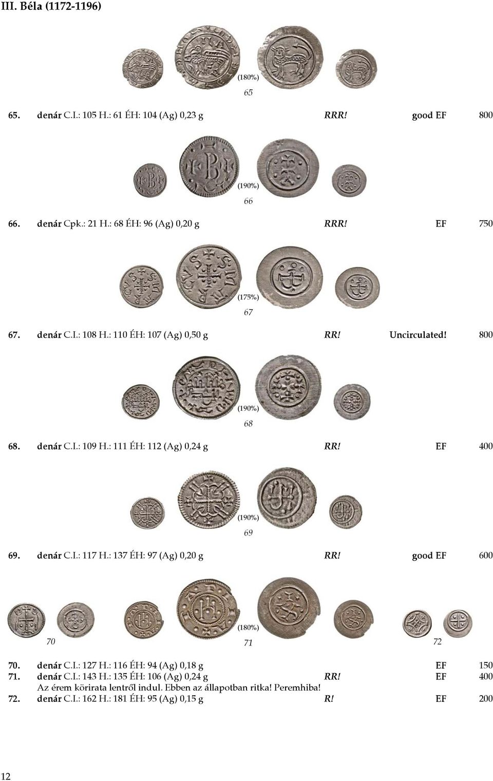 EF 400 (190%) 69 69. denár C.I.: 117 H.: 137 ÉH: 97 (Ag) 0,20 g RR! good EF 600 70 (180%) 71 72 70. denár C.I.: 127 H.: 116 ÉH: 94 (Ag) 0,18 g EF 150 71.