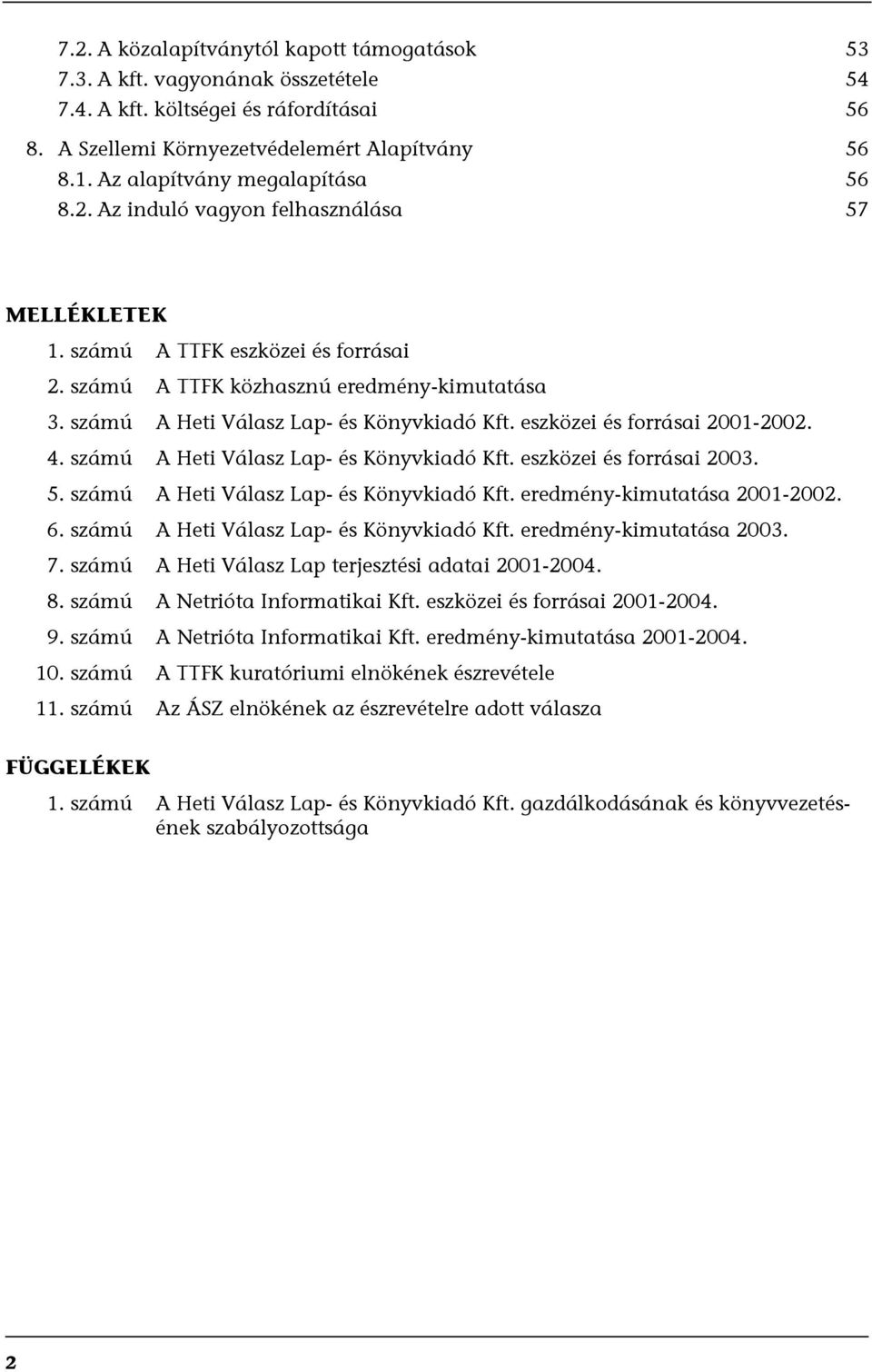 számú A Heti Válasz Lap- és Könyvkiadó Kft. eszközei és forrásai 2001-2002. 4. számú A Heti Válasz Lap- és Könyvkiadó Kft. eszközei és forrásai 2003. 5. számú A Heti Válasz Lap- és Könyvkiadó Kft. eredmény-kimutatása 2001-2002.