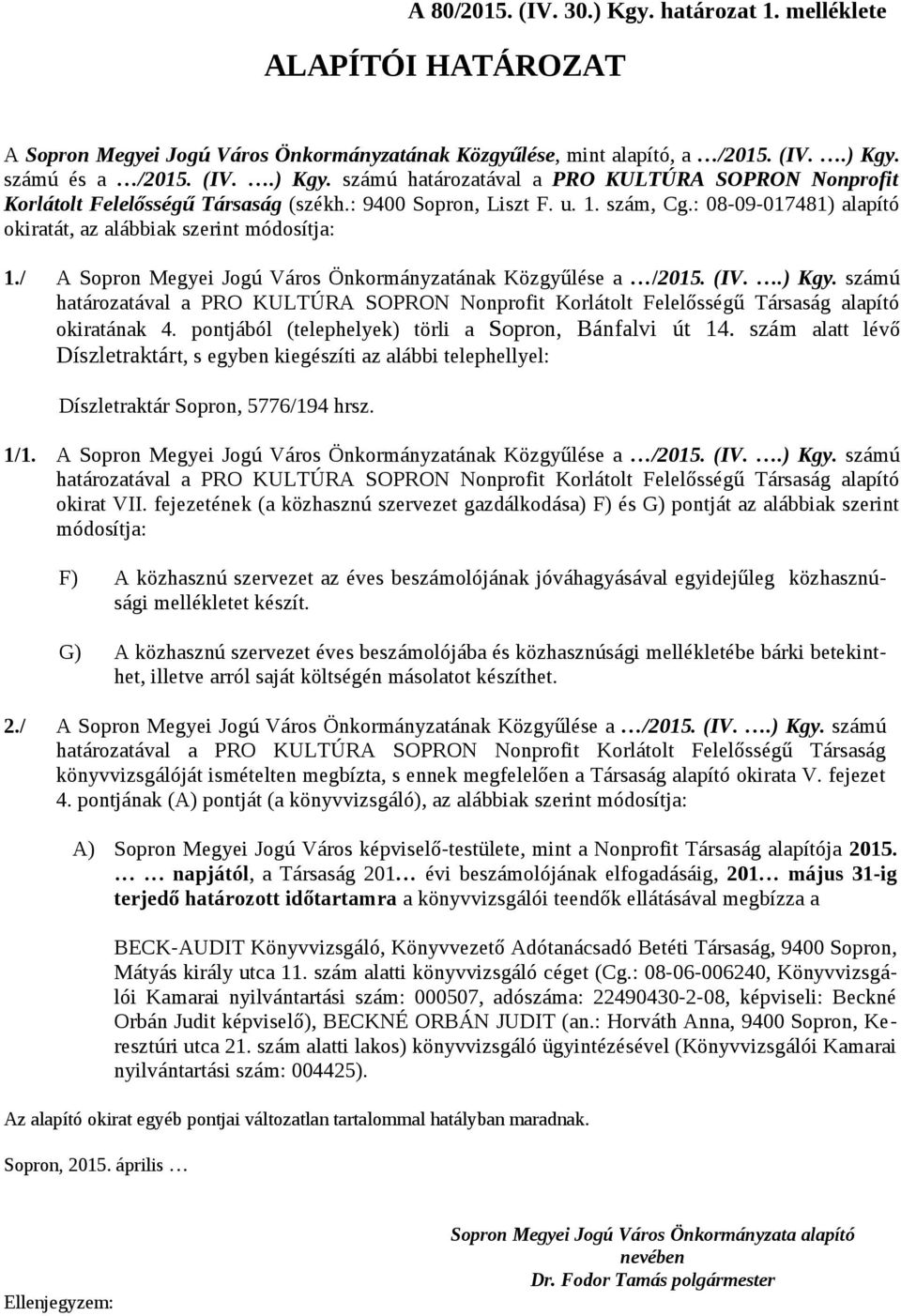 számú határozatával a PRO KULTÚRA SOPRON Nonprofit Korlátolt Felelősségű Társaság alapító okiratának 4. pontjából (telephelyek) törli a Sopron, Bánfalvi út 14.