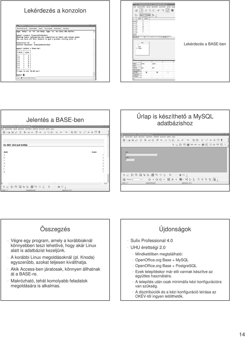 Makrózható, tehát komolyabb feladatok megoldására is alkalmas. Sulix Professional 4.0 UHU érettségi 2.0 Újdonságok Mindkettben megtalálható: OpenOffice.org Base + MySQL OpenOffice.