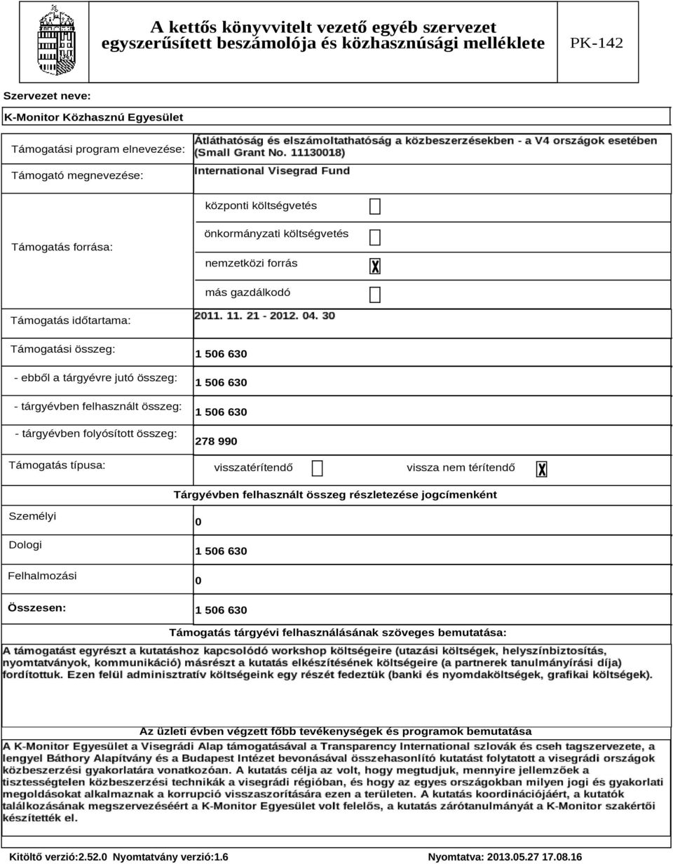 278 99 visszatérítendő vissza nem térítendő Tárgyévben felhasznált összeg részletezése jogcímenként Személyi Dologi Felhalmozási Összesen: 1 56 63 1 56 63 Támogatás