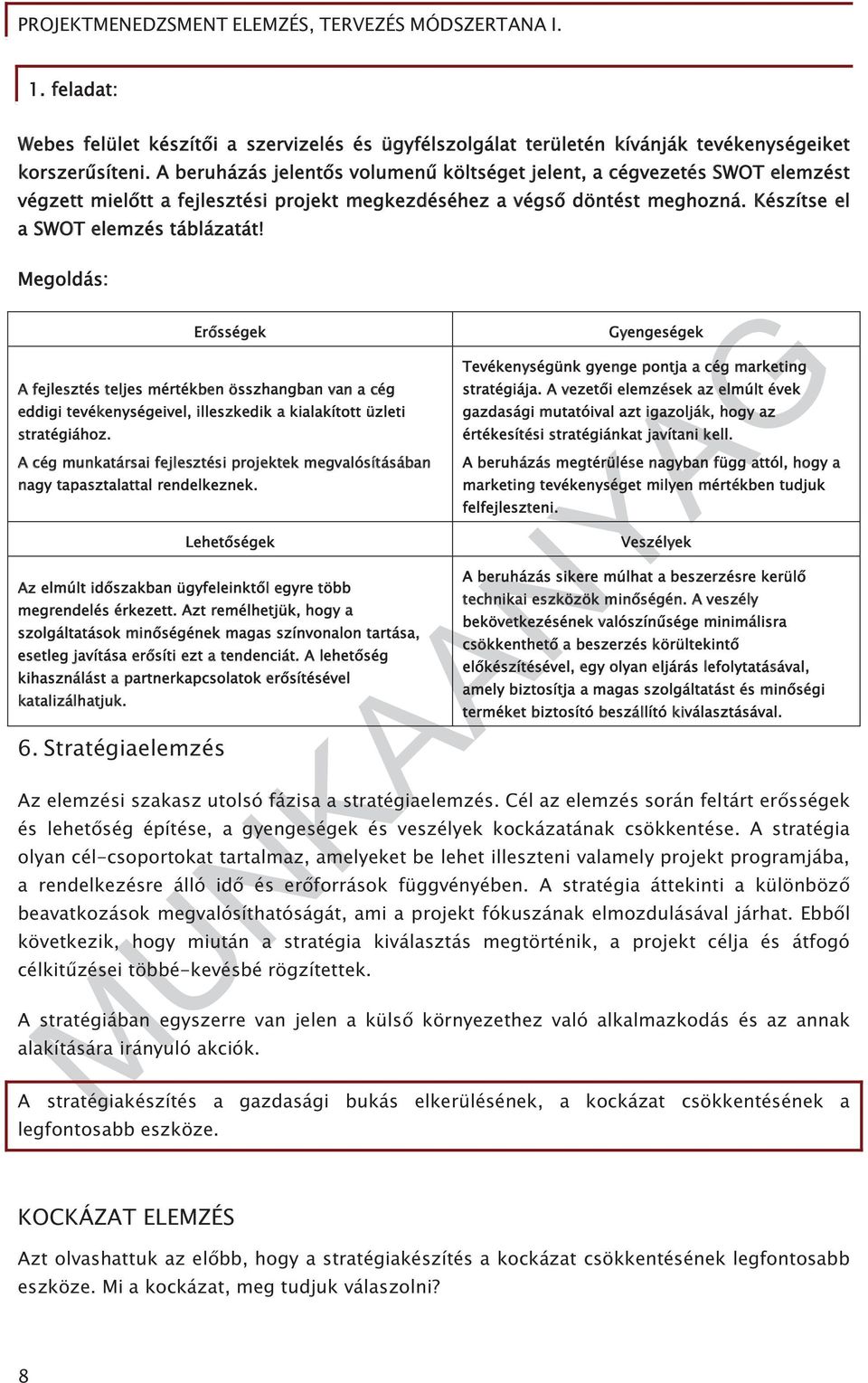 Megoldás: Er sségek A fejlesztés teljes mértékben összhangban van a cég eddigi tevékenységeivel, illeszkedik a kialakított üzleti stratégiához.