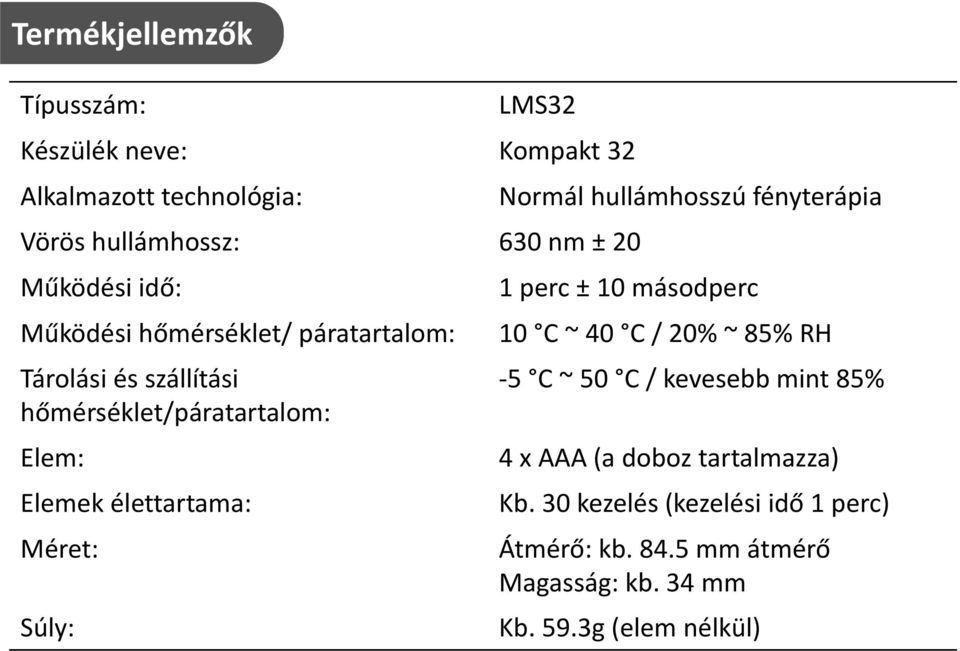 Súly: Normál hullámhosszú fényterápia 1 perc ± 10 másodperc 10 C ~ 40 C / 20% ~ 85% RH -5 C ~ 50 C / kevesebb mint 85% 4 x