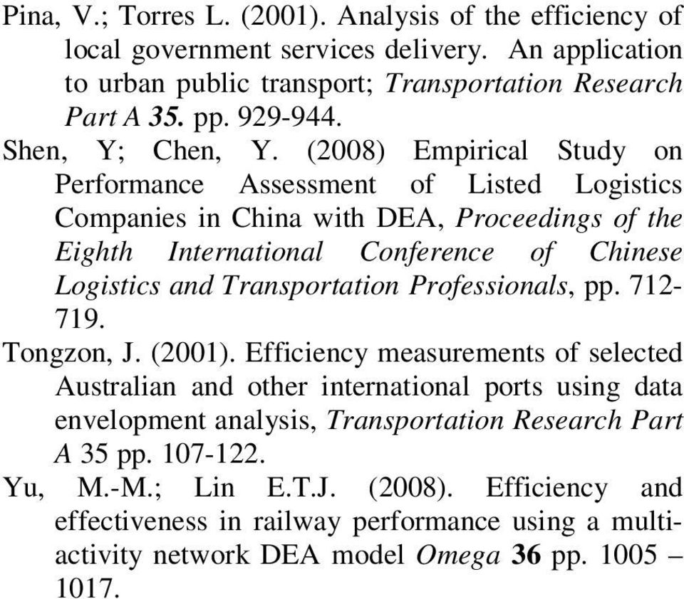 (2008) Empirical Study o Performace Assessmet of Listed Logistics Compaies i Chia with DEA, Proceedigs of the Eighth Iteratioal Coferece of Chiese Logistics ad